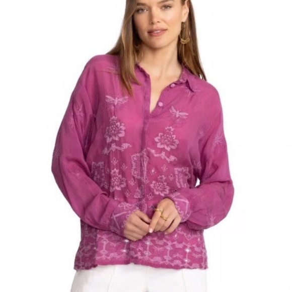 Johnny Was Tops - NWT Johnny Was SLIM AUDREY BUTTON DOWN Purple Embroidered Butterfly Artsy Boho S